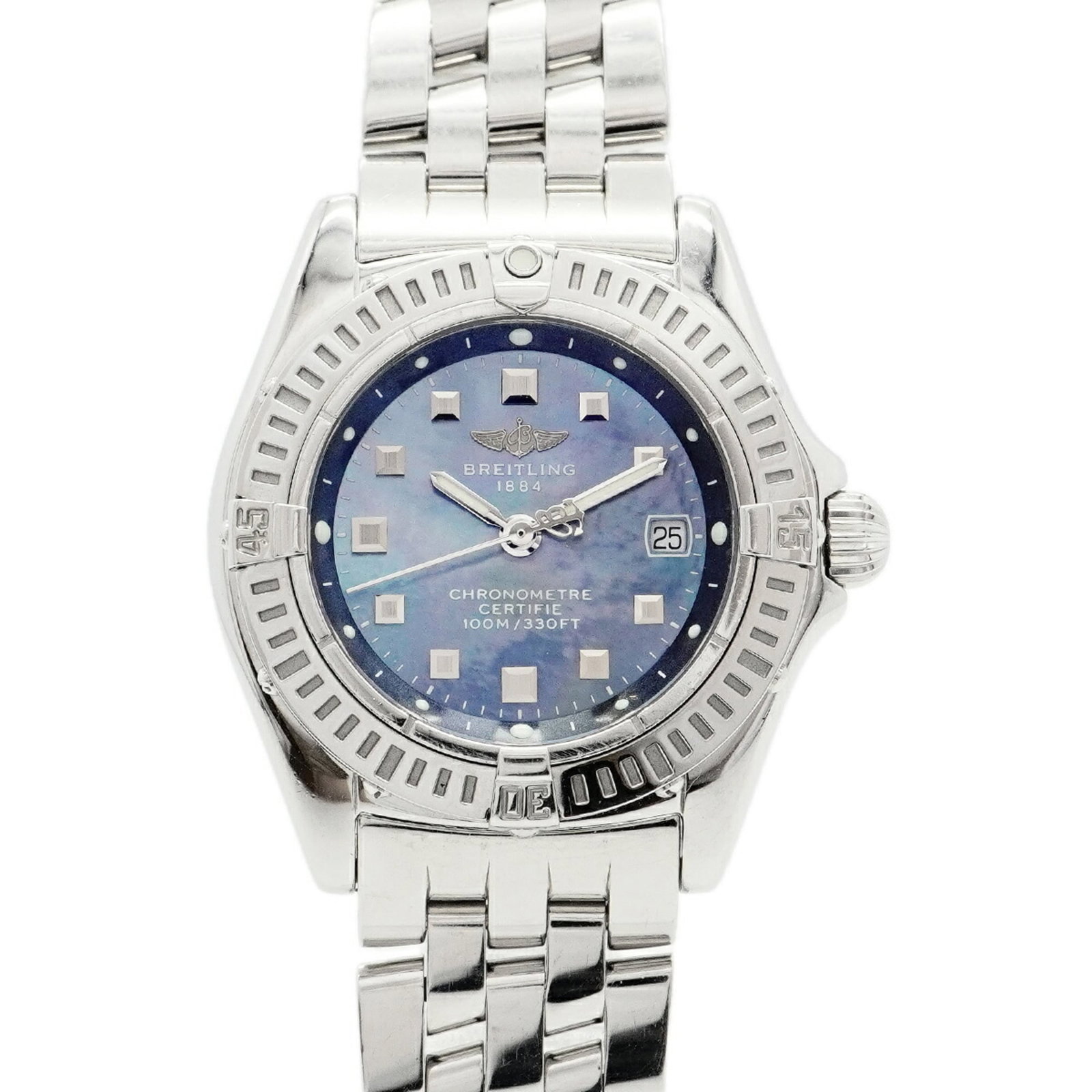 Wristwatch Breitling: Wristwatch Breitling A stunning Breitling wristwatch, perfect for the woman who values timeless elegance and precision. With its sleek stainless steel band, blue shell case, and 28.7mm diameter, this