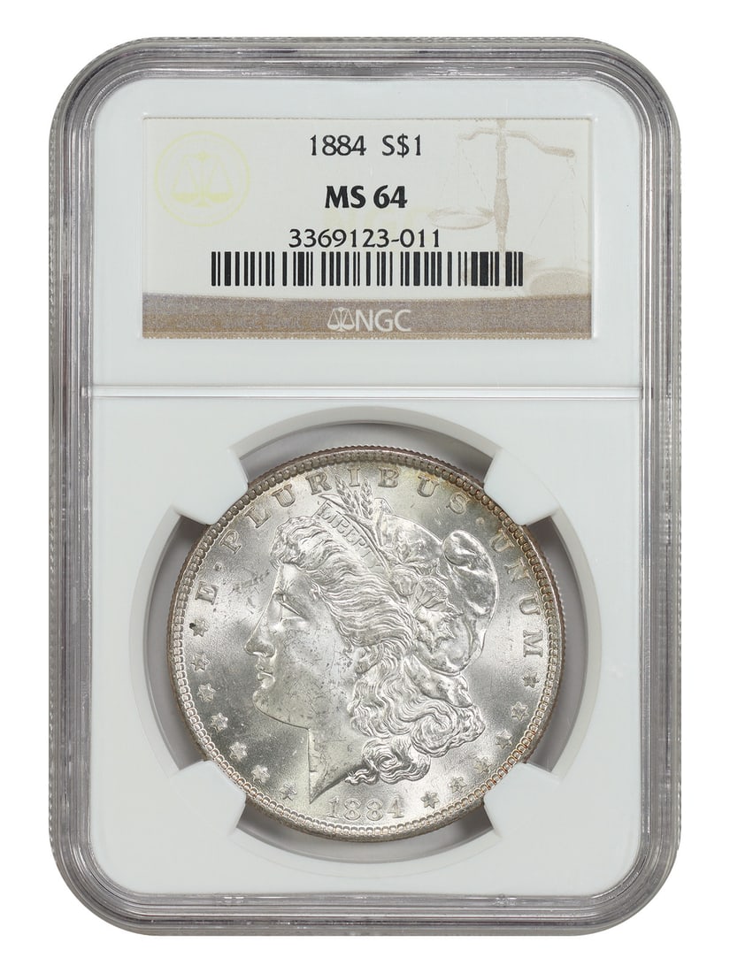 1884 $1 NGC MS64 Morgan Dollar with Slightly Better Date: 1884 $1 NGC MS64 Morgan Dollar with Slightly Better Date Experience the majesty of the 1884 Morgan Dollar, certified by NGC as MS64 and boasting an Slightly Better Date. This rare and highly graded co
