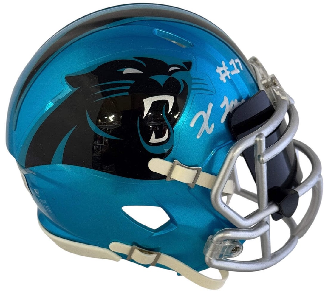 Xavier Legette Autographed Panthers Speed Mini Helmet with Visor (Beckett): Xavier Legette Autographed Panthers Speed Mini Helmet with Visor (Beckett) Get ready to show off your Panthers pride with this autographed Xavier Legette mini helmet, signed in white paint pen by the