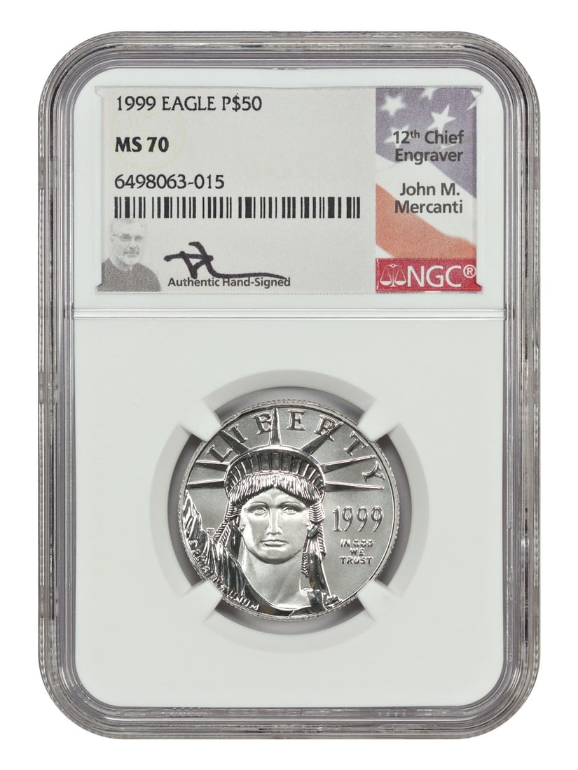 1999 $50 Statue of Liberty NGC MS70 (Mercanti Signature) - Platinum Eagles: 1999 $50 Statue of Liberty NGC MS70 (Mercanti Signature) - Platinum Eagles This 1999 Platinum Eagle, certified MS70 by the Numismatic Guaranty Corporation (NGC), boasts a stunning Mercanti signature a