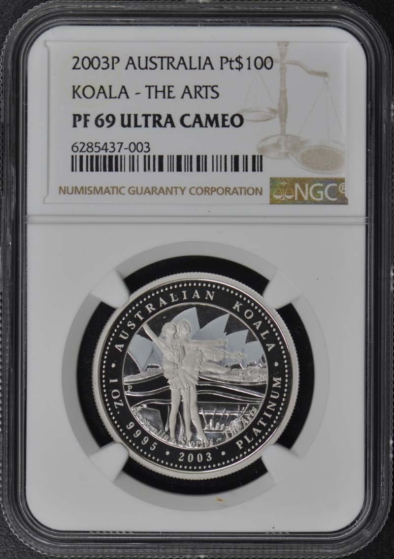 THE ARTS PT$100 NGC PR69DCAM - 2003P AUSTRALIA KOALA: THE ARTS PT$100 NGC PR69DCAM - 2003P AUSTRALIA KOALA Get ready to own a piece of Australian history with this stunning 2003P AUSTRALIA KOALA coin, graded PR69 by the NGC. As an uncirculated specimen,