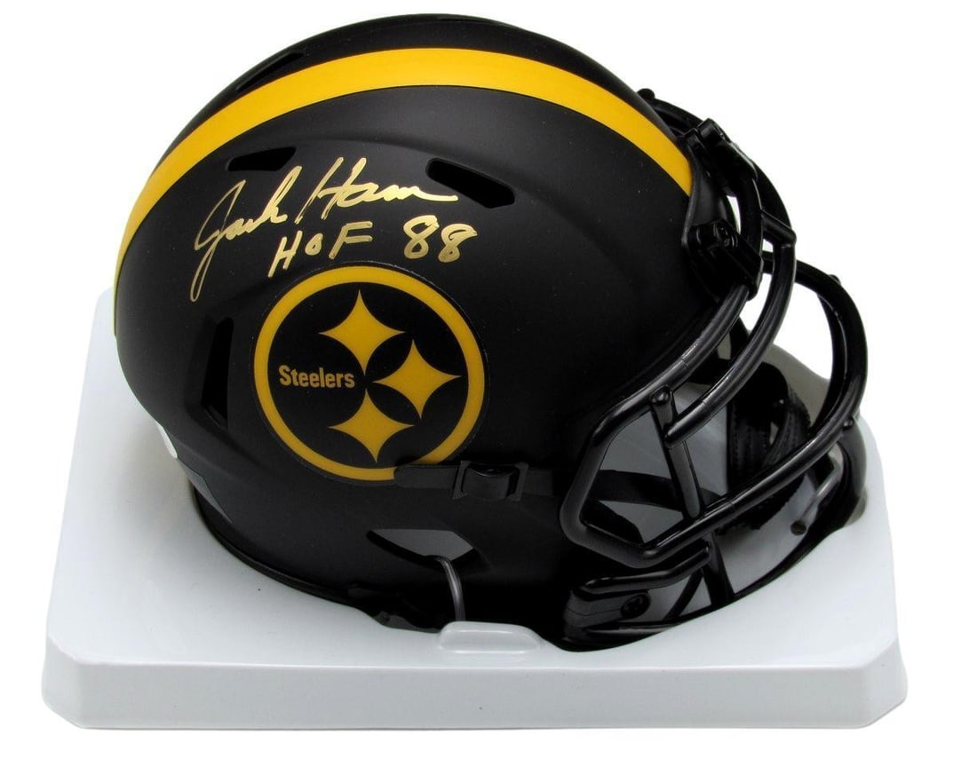 JSA Jack Ham HOF Autographed Black Mini Eclipse Football Helmet Steelers: JSA Jack Ham HOF Autographed Black Mini Eclipse Football Helmet Steelers Get ready to show off your Steelers pride with the ultimate collectible - a JSA authenticated, autographed black mini Eclipse f