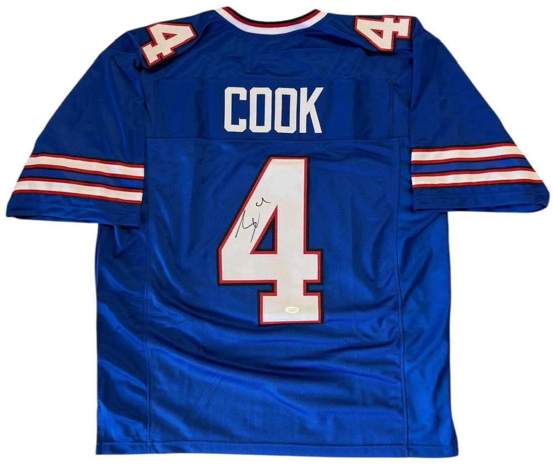 Witness) James Cook Autographed Custom Buffalo Bills Jersey (JSA: Witness) James Cook Autographed Custom Buffalo Bills Jersey (JSA Get ready to show your team spirit with the ultimate collector's item - a custom Buffalo Bills jersey signed by James Cook, one of the