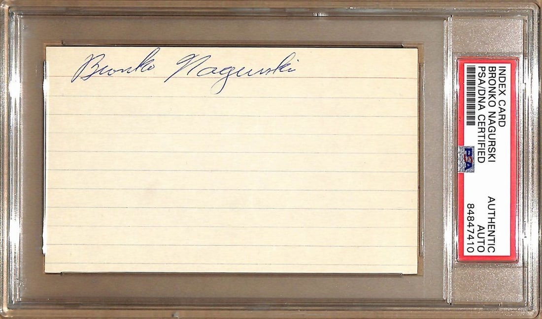 Bronko Nagurski HOF Autographed 3x5 Index Card - Chicago Bears (PSA/ DNA 179068): Bronko Nagurski HOF Autographed 3x5 Index Card - Chicago Bears (PSA/ DNA 179068) Get ready to own a piece of football history with the Bronko Nagurski HOF Autographed 3x5 Index Card, signed by one of
