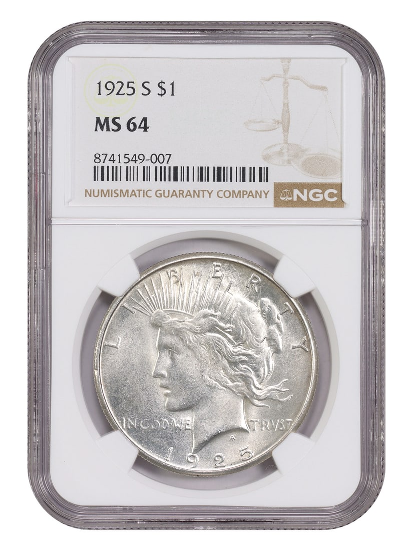 1925-S $1 NGC MS64 - Peace Dollar Scarce Date: 1925-S $1 NGC MS64 - Peace Dollar Scarce Date Rarity seekers, rejoice! This 1925-S $1 Peace Dollar is a true gem, boasting an MS64 grade and a scarce date that makes it highly sought after by collecto