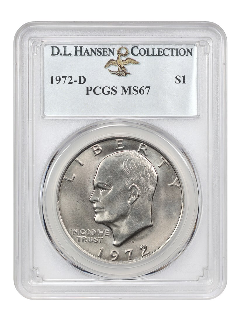 Hansen 1972-D $1 PCGS MS67 ex: D.L.: Hansen 1972-D $1 PCGS MS67 ex: D.L. A standout example of the iconic 1972-D Ike Dollar, graded MS67 by PCGS and certified as uncirculated, this coin boasts exceptional strike quality and luster, makin