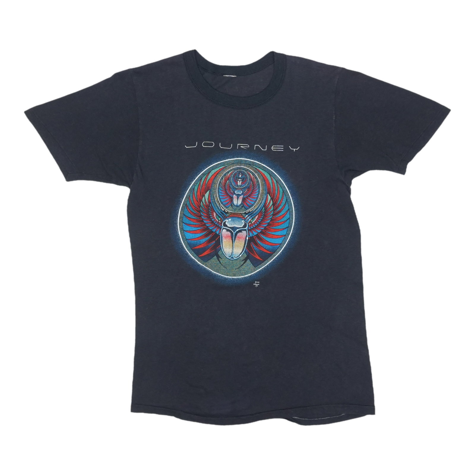 Shirt 1980 Journey Scarab: Shirt 1980 Journey Scarab A true vintage gem, this 1980 Journey Scarab shirt is a rare find for any fan of the iconic rock band. With its bold front and back graphics and classic 50/50 poly/cotton con