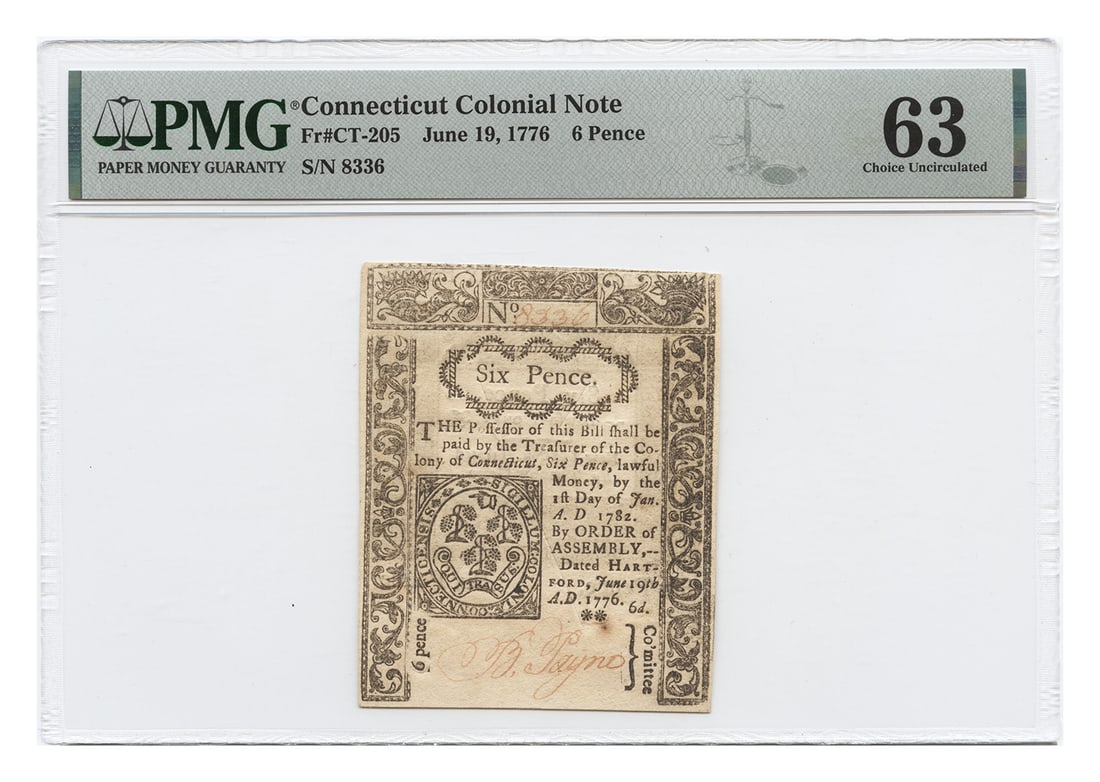 FR. CT-205 19-June 1776 6 Pence Connecticut Colonial PMG Choice UNC63: FR. CT-205 19-June 1776 6 Pence Connecticut Colonial PMG Choice UNC63 A rare and historically significant example of colonial currency, the FR. CT-205 6 Pence note from June 1776 boasts a PMG Choice U