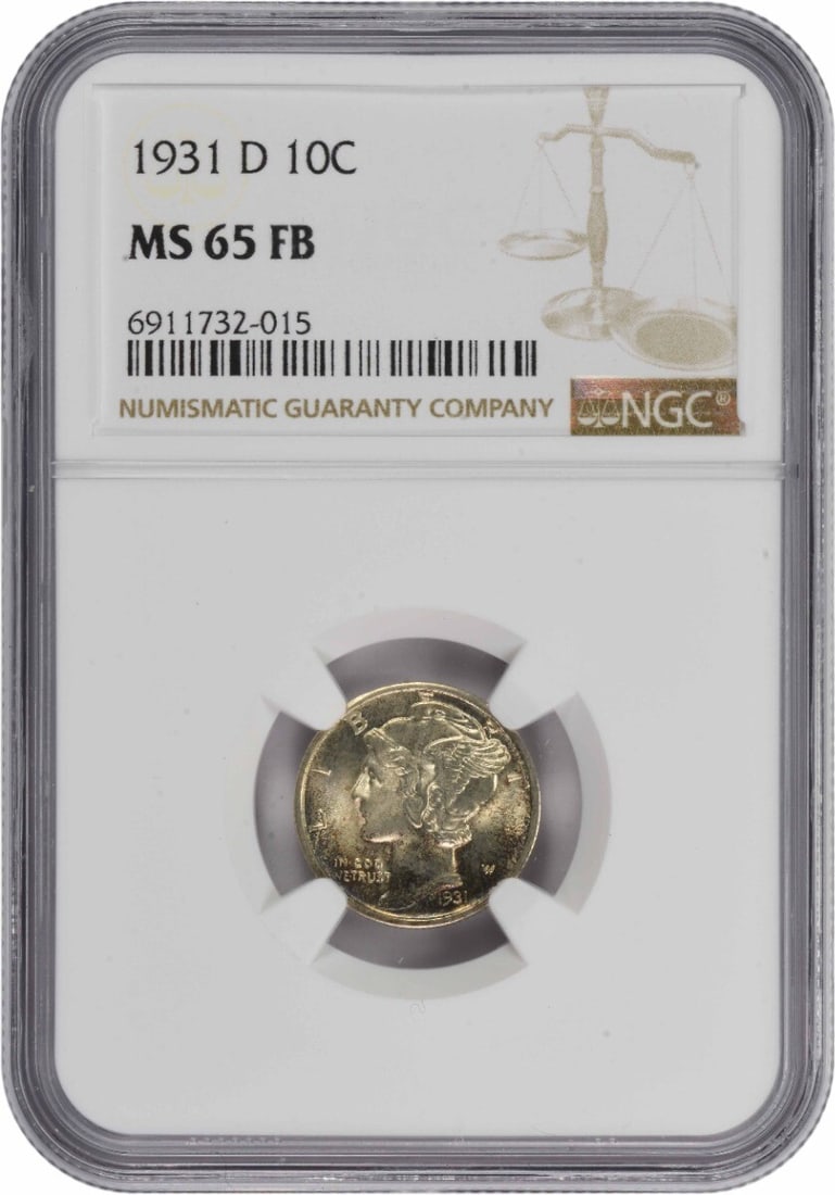 NGC 1931-D Mercury Silver Dime MS65FB: NGC 1931-D Mercury Silver Dime MS65FB Experience the beauty of the Mercury dime, designed by Adolph Alexander Weinman, in stunning MS65 condition. This rare 1931 Denver minted coin is certified by NGC