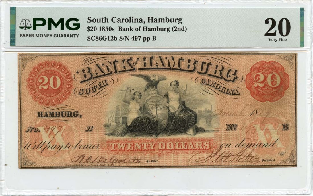 South Carolina Obsolete Note Bank of Hamburg PMG VF20 - 1857 $20 Hamburg: South Carolina Obsolete Note Bank of Hamburg PMG VF20 - 1857 $20 Hamburg A rare and historic $20 Hamburg note from the South Carolina Obsolete Note Bank, certified by PMG as VF20, is up for auction. P