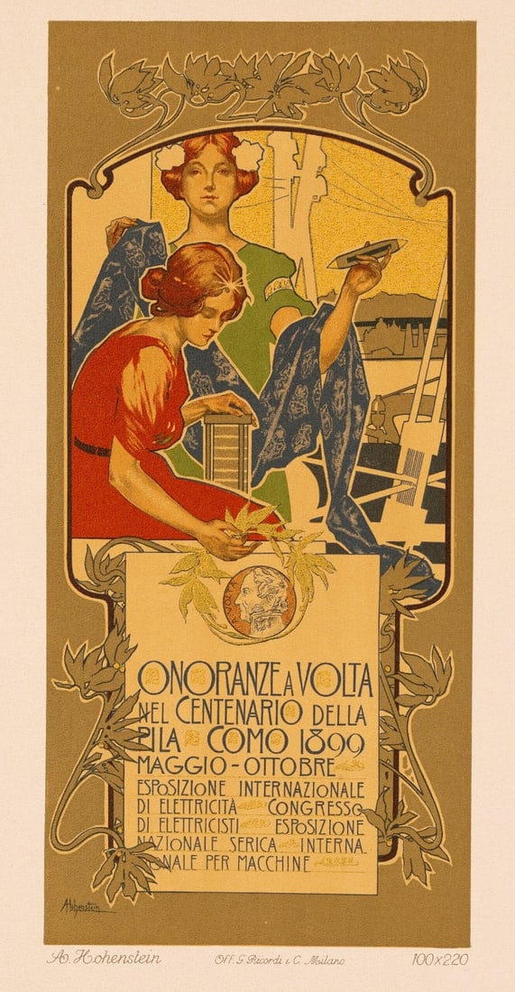 C.1910 Onoranze A Volta Adolfo Hohenstein Ricordi Portfolio: C.1910 Onoranze A Volta Adolfo Hohenstein Ricordi Portfolio A rare and elegant vintage Italian poster from 1910, Adolfo Hohenstein's 'Onoranze a Volta' is a masterpiece of early 20th-century design. T