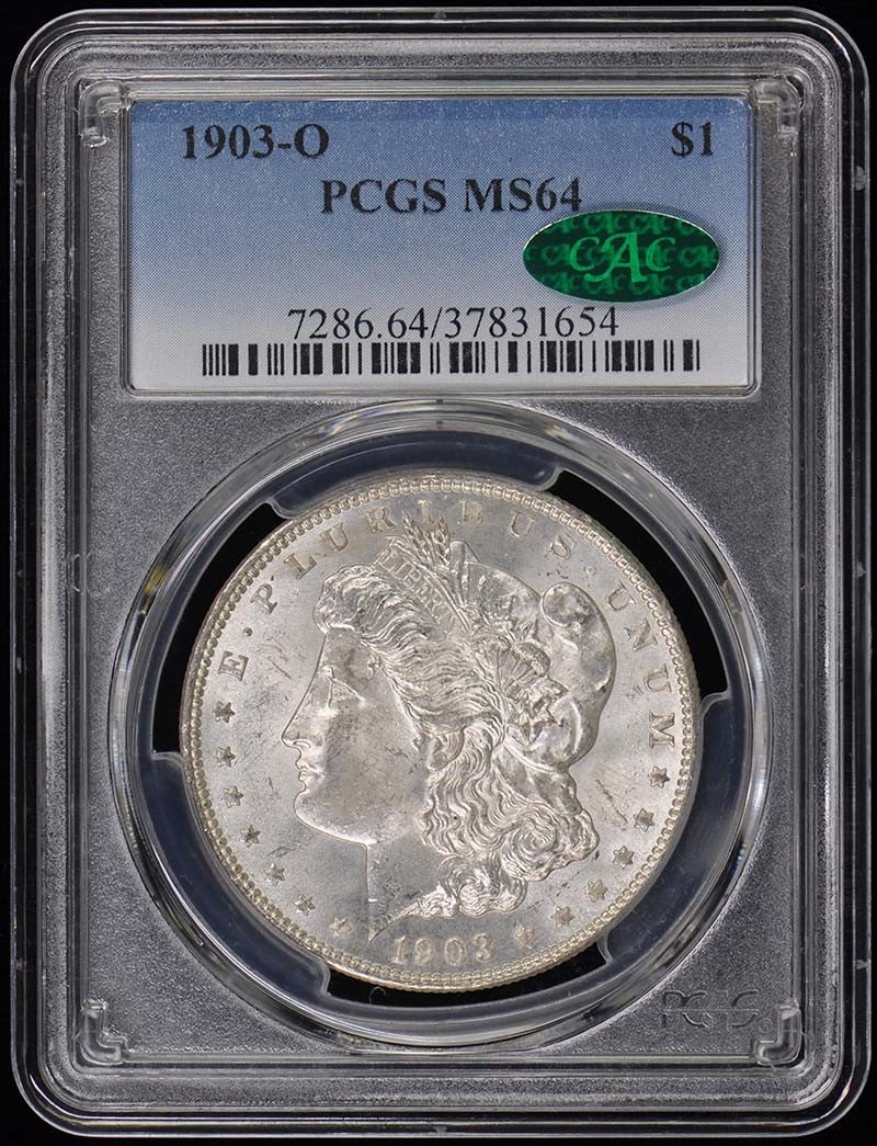 1903-O $1 Morgan Dollar PCGS MS64 CAC: 1903-O $1 Morgan Dollar PCGS MS64 CAC Experience the majesty of the 1903-O Morgan Dollar, one of the rarest and most coveted coins in American numismatics. This stunning MS64 specimen, certified by PC