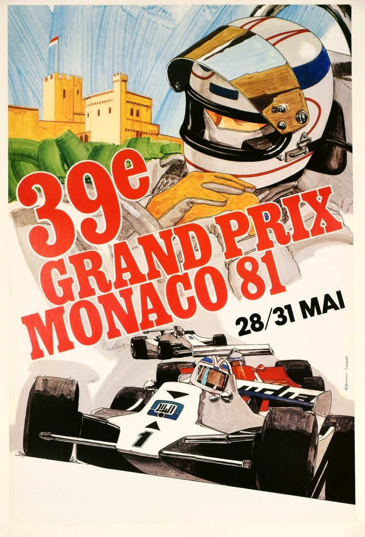 Monaco Grand Prix 1981 by J Grognet in excellent condition: Monaco Grand Prix 1981 by J Grognet in excellent condition Experience the thrill of the Monaco Grand Prix in 1981, captured in exquisite detail by renowned artist J Grognet. This stunning poster, cert