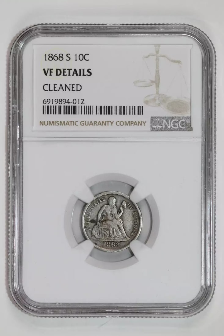 Seated Liberty Dime (1868-S) - NGC VF Details: Seated Liberty Dime (1868-S) - NGC VF Details Experience the iconic Seated Liberty Dime from 1868, certified by the NGC with VF Details grade. This rare coin is a testament to the craftsmanship of its