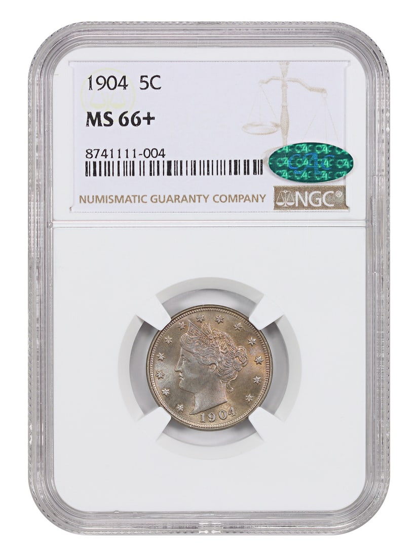 Liberty Nickel - 1904 5C NGC/ CAC MS66+: Liberty Nickel - 1904 5C NGC/ CAC MS66+ Experience the majesty of the 1904 Liberty Nickel, certified by NGC as MS66+, with its striking MS strike type and Philadelphia mint mark. This highly sought-af