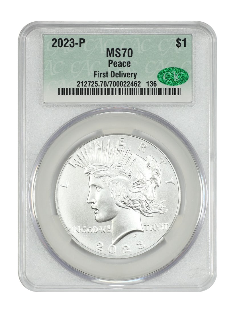 2023-P $1 Peace Dollar CACG MS70 First Delivery: 2023-P $1 Peace Dollar CACG MS70 First Delivery Experience the beauty of the 2023-P $1 Peace Dollar in its finest form, certified by CACG as MS70 Uncirculated. This stunning coin is part of the Modern