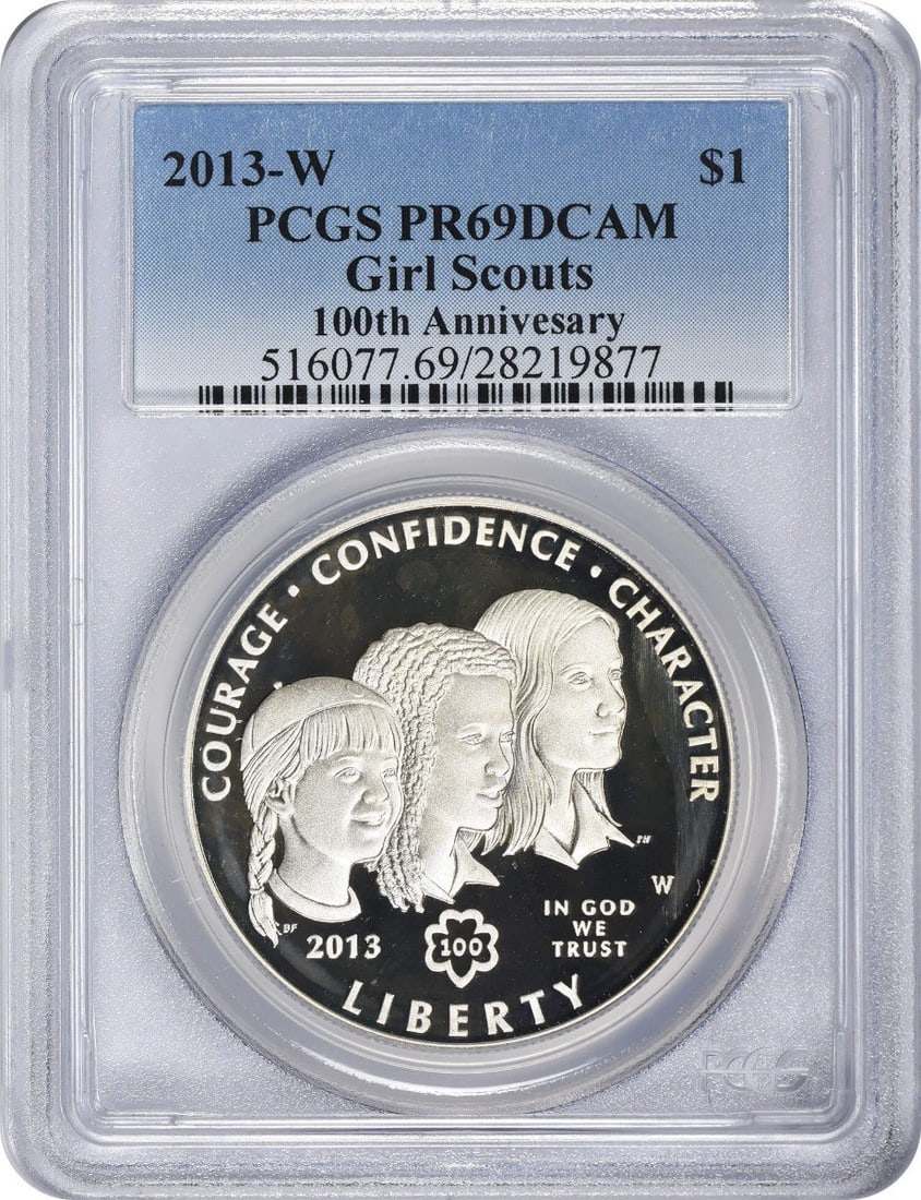 2013-W Girl Scouts Commemorative Silver Dollar (PR69DCAM) - PCGS: 2013-W Girl Scouts Commemorative Silver Dollar (PR69DCAM) - PCGS Get your hands on a rare and unique 2013-W Girl Scouts Commemorative Silver Dollar, certified by PCGS as PR69DCAM. This stunning coin i