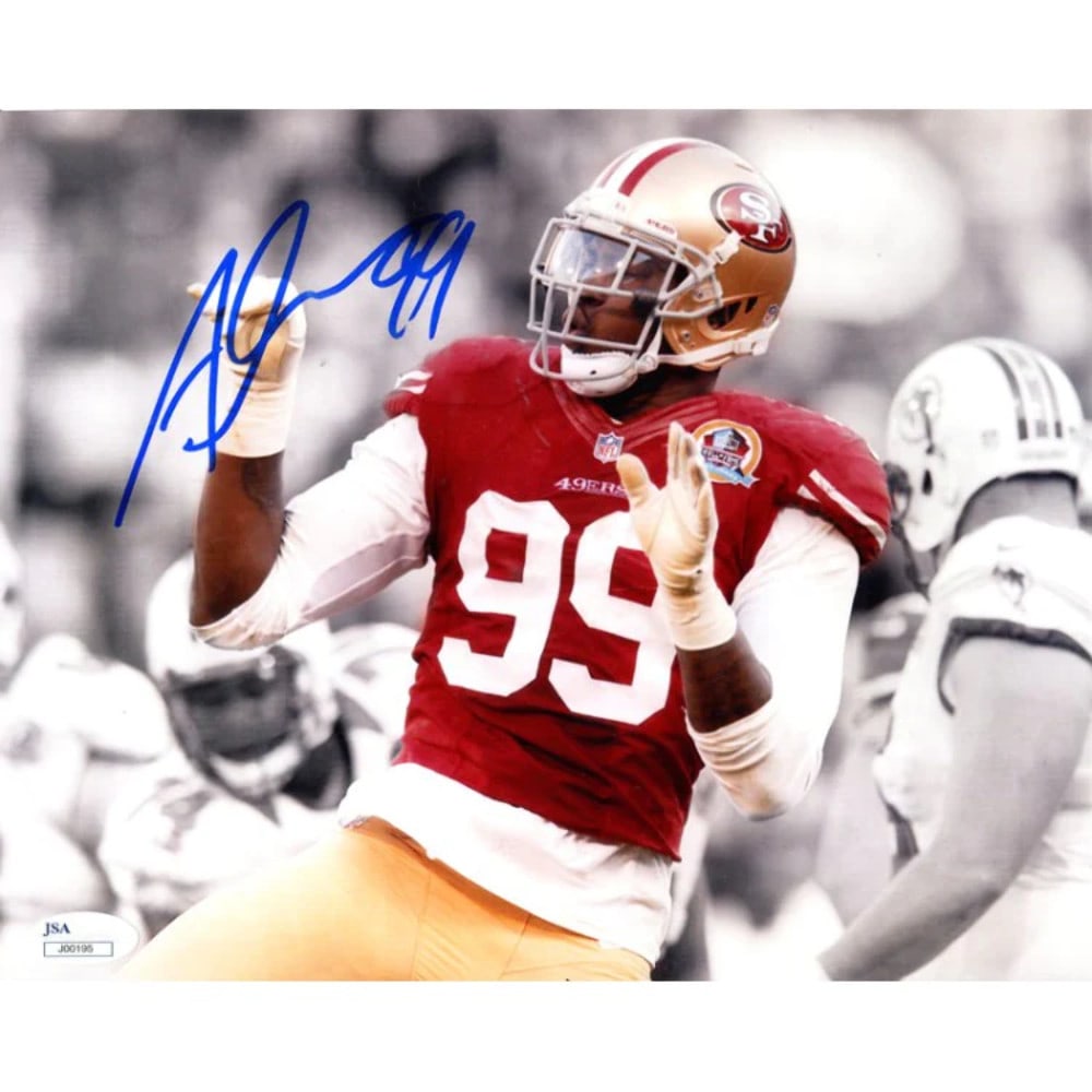 (JSA) Aldon Smith Autographed 8x10 Photo: (JSA) Aldon Smith Autographed 8x10 Photo Get ready to own a piece of NFL history with this authentic 8x10 photo signed by the talented Aldon Smith, authenticated by James Spence Authentication (JSA).