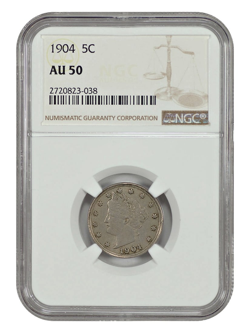 Liberty Nickel 1904 5C NGC AU50: Liberty Nickel 1904 5C NGC AU50 Experience the elegance of the Liberty Nickel, minted in 1904 and certified by NGC with a stunning AU50 grade. This circulated example boasts a rich history and is a ra