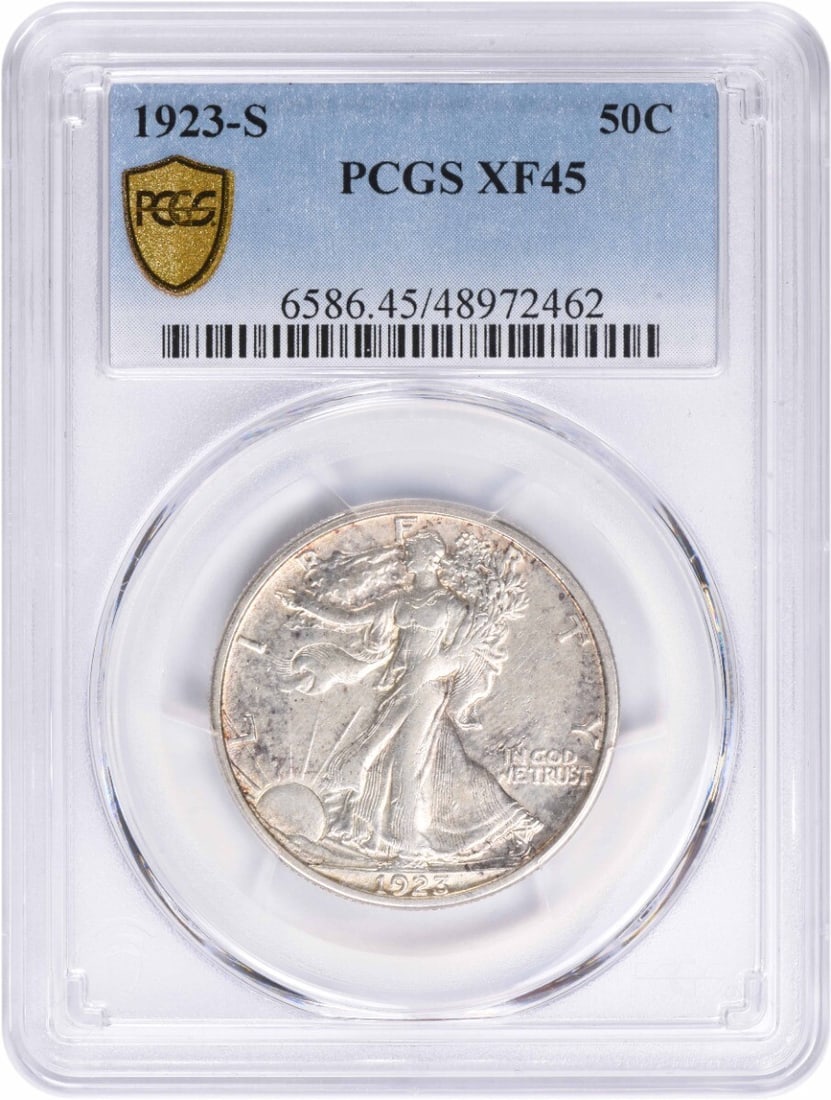 1923-S Walking Liberty Half Dollar - EF45 PCGS: 1923-S Walking Liberty Half Dollar - EF45 PCGS Experience the iconic design of Adolph Alexander Weinman's Walking Liberty Half Dollar, minted in 1923 and graded EF45 by PCGS. This circulated coin boas
