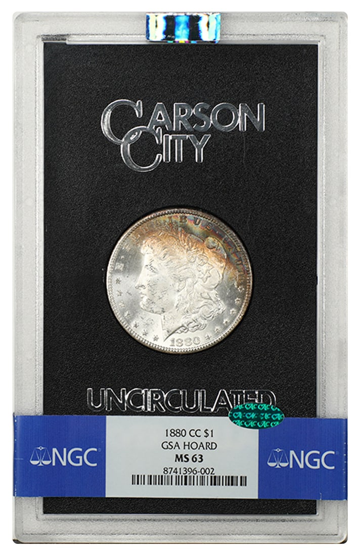 1880-CC $1 NGC/ CAC MS63 Crescent Toned Morgan Dollar: 1880-CC $1 NGC/ CAC MS63 Crescent Toned Morgan Dollar Experience the beauty of the 1880-CC Morgan Dollar, certified by NGC and graded MS63 for its exceptional strike quality. The crescent toning adds