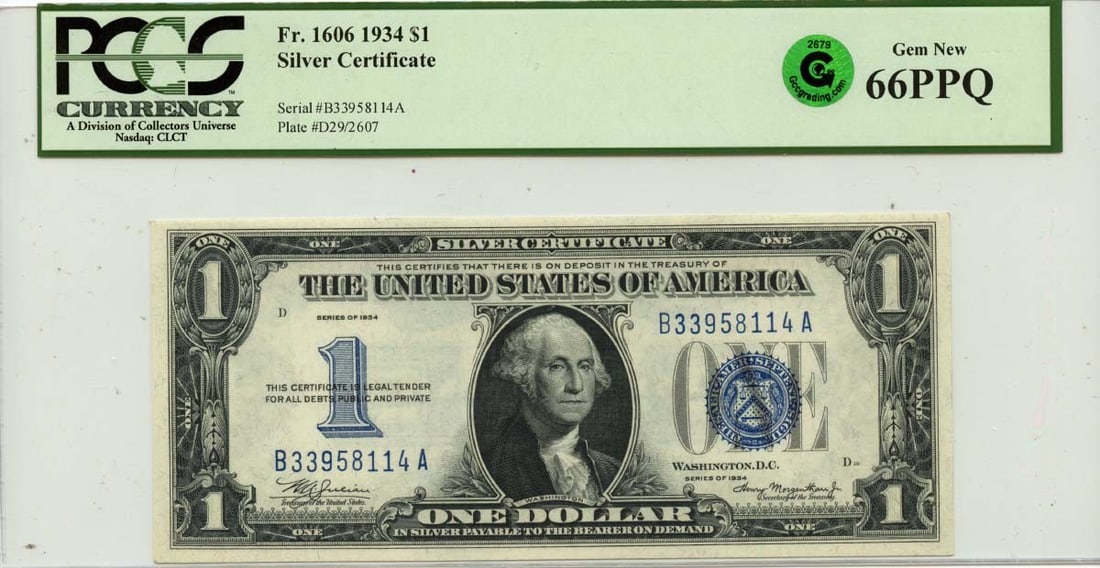 Green 1934 $1 Silver Certificate FR#1606 PCGS GEM 66 PPQ GCC: Green 1934 $1 Silver Certificate FR#1606 PCGS GEM 66 PPQ GCC A rare gem from the 1930s, this PCGS GEM 66 graded $1 Silver Certificate is a true treasure for collectors. Featuring a stunning grade of M