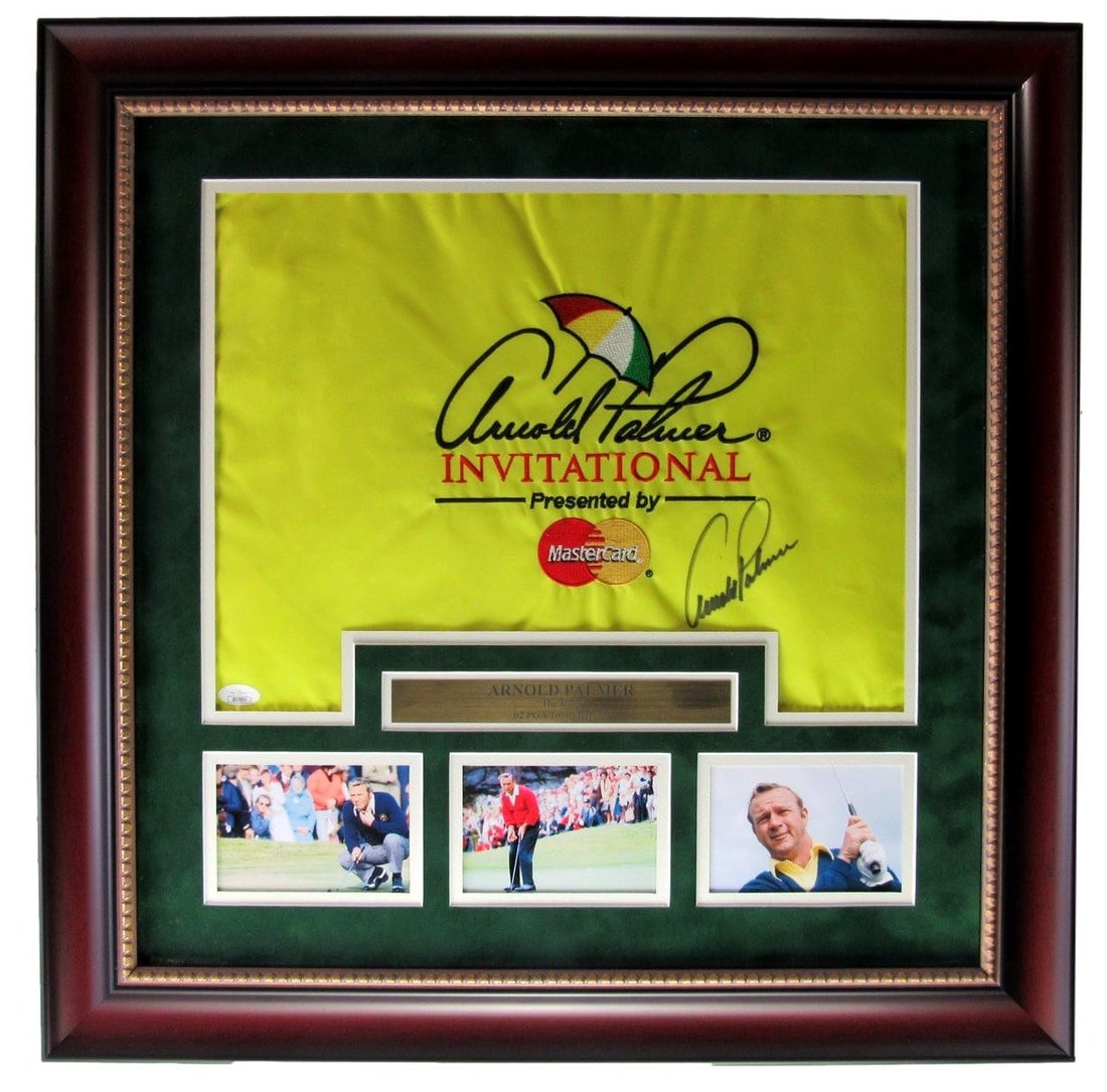 Arnold Palmer Signed/ Auto Invitational Pin Flag Framed JSA 204942: Arnold Palmer Signed/ Auto Invitational Pin Flag Framed JSA 204942 Meet the ultimate symbol of Arnold Palmer's iconic status in golf - his signed and framed pin flag from the Arnold Palmer Invitationa