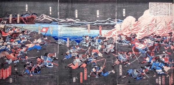 katana Tsukioka Yoshitoshi woodblock triptych battle field soldiers flag samurai: katana Tsukioka Yoshitoshi woodblock triptych battle field soldiers flag samurai A stunning woodblock triptych by renowned Japanese artist Tsukioka Yoshitoshi, this katana-inspired piece showcases thr