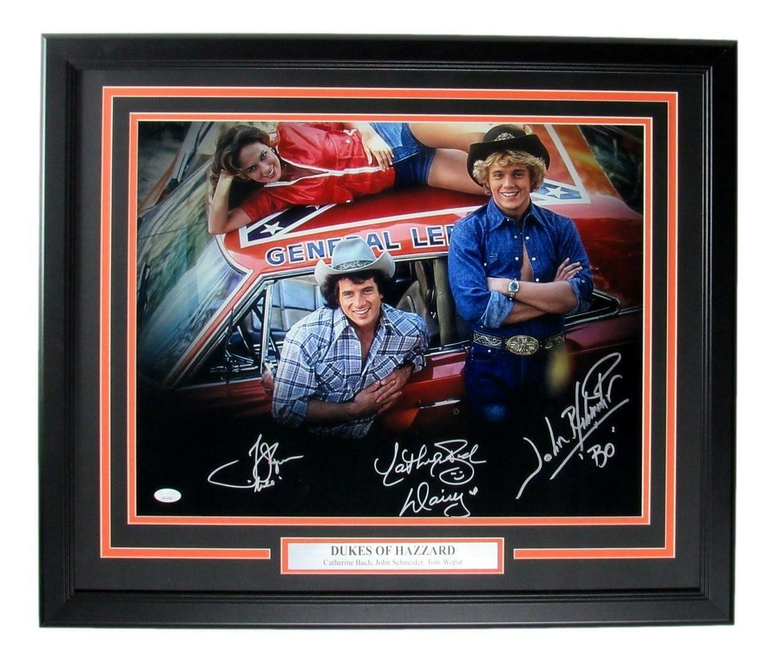 167468 "Dukes of Hazzard" Signed/ Inscr by 3 Cast Members 16x20 Photo Framed JSA: 167468 "Dukes of Hazzard" Signed/ Inscr by 3 Cast Members 16x20 Photo Framed JSA Get ready to rev up your collection with a unique piece of TV history - a 16x20 photo signed by three cast members from