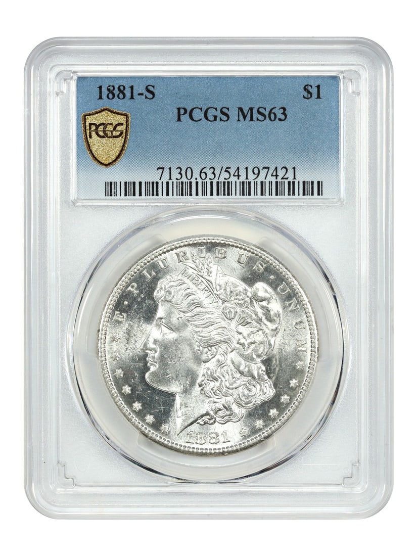 1881-S $1 PCGS MS63 Morgan Dollar: 1881-S $1 PCGS MS63 Morgan Dollar A rare and highly sought-after 1881-S Morgan Dollar, certified MS63 by PCGS, is up for auction. This uncirculated coin boasts stunning detail and luster, making it a