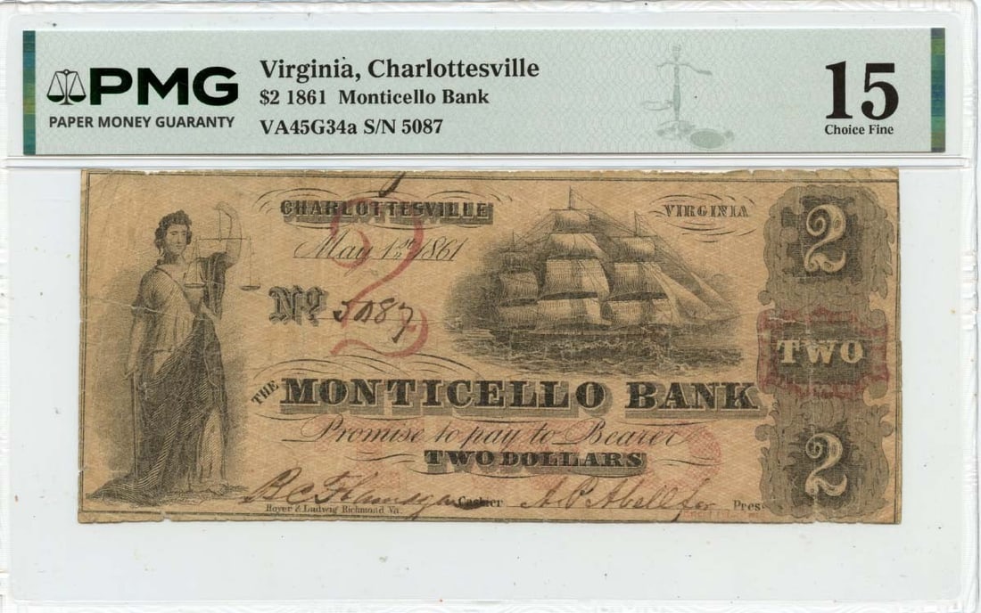 Virginia Obsolete Note Monticello Bank PMG F15 - 1861 $2 Charlottesville: Virginia Obsolete Note Monticello Bank PMG F15 - 1861 $2 Charlottesville A rare and historic $2 bill from 1861, this Charlottesville Obsolete Note is certified by PMG as F15, indicating its condition