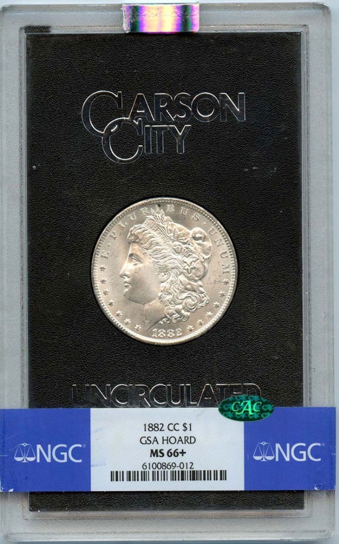 GSA Hoard 1882-CC Morgan Dollar CAC MS66+, $1 NGC: GSA Hoard 1882-CC Morgan Dollar CAC MS66+, $1 NGC Experience the beauty of the 1882-CC Morgan Dollar, one of the rarest and most sought-after coins in circulation. This stunning example, certified MS6