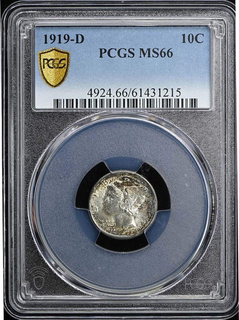 1919-D Mercury Dime PCGS MS66: 1919-D Mercury Dime PCGS MS66 Experience the beauty of American numismatics with this stunning 1919-D Mercury Dime, certified MS66 by PCGS. Struck in high relief and boasting exceptional luster, this