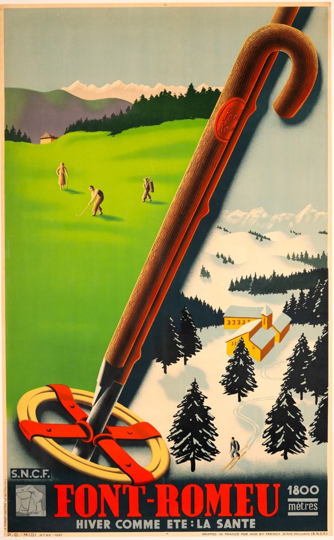 Golf Font-Romeu Hiver Comme Ete: La Sante Sncf 1937 Ski &: Golf Font-Romeu Hiver Comme Ete: La Sante Sncf 1937 Ski & Experience the elegance of vintage French design with this rare 1937 SNCF poster, signed and certified by Poster Classics LLC. This stunning o