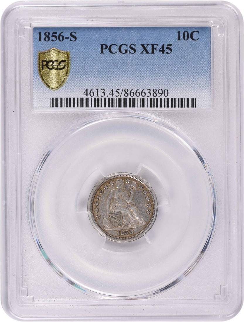 PCGS 1856-S Liberty Seated Silver Dime EF45: PCGS 1856-S Liberty Seated Silver Dime EF45 A rare and highly sought-after 1856-S Liberty Seated Silver Dime, graded EF45 by PCGS, boasts an impressive mintage of just 70,000 coins, making it a truly