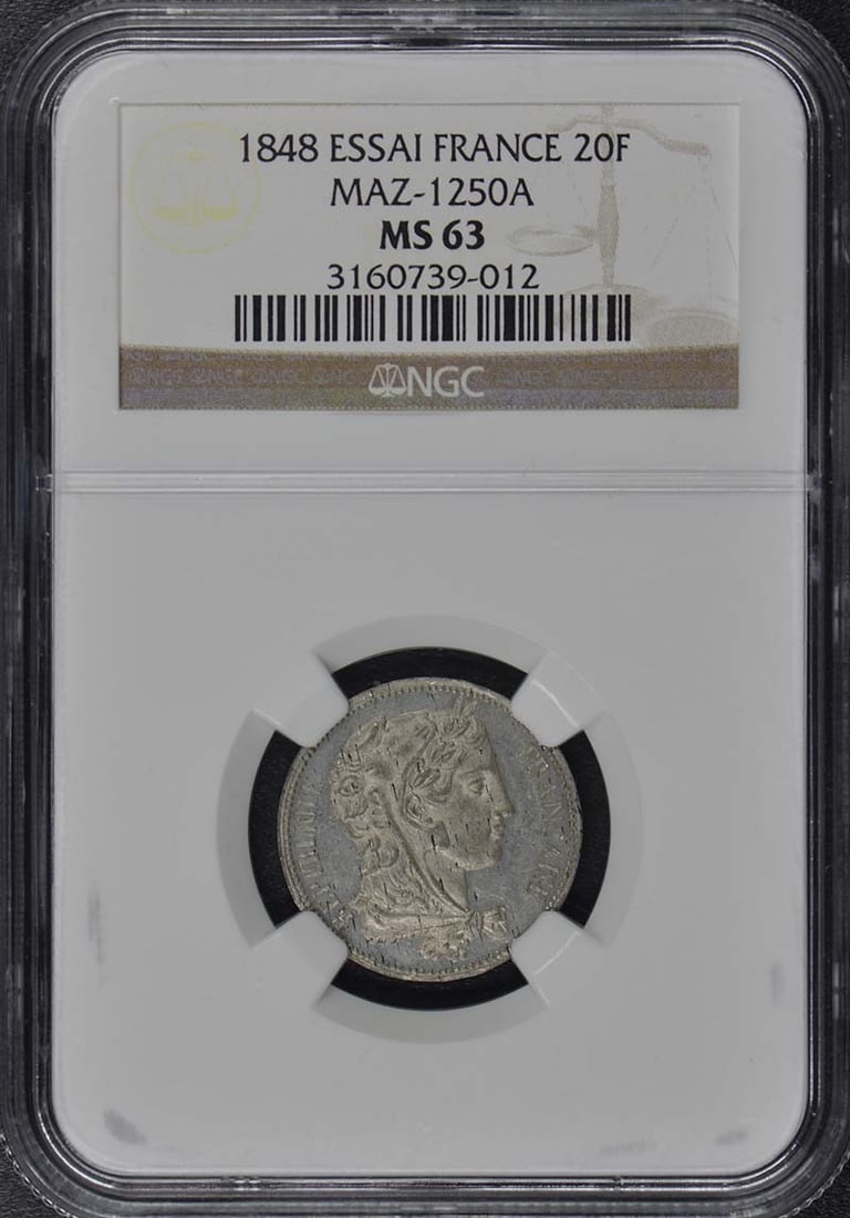 MS63 1848 France Essai 20F Maz-1250A NGC: MS63 1848 France Essai 20F Maz-1250A NGC Experience the elegance of 19th century France with this stunning MS63 1848 France Essai 20F coin, certified by NGC and graded at a high level of mint state co