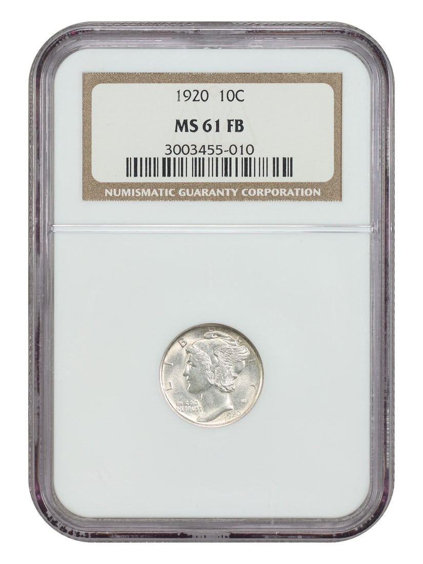 Mercury Dime - 1920 10C NGC MS61FB: Mercury Dime - 1920 10C NGC MS61FB A rare and highly graded Mercury Dime, certified by the NGC as MS61FB, boasts exceptional condition and authenticity. This 1920-dated coin is an excellent addition t