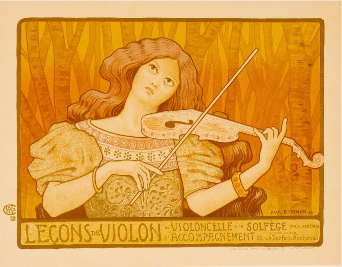 Paul Berthon Lecons De Violin Les Maitres L Affiche 1895 1899 Chaix Paris: Paul Berthon Lecons De Violin Les Maitres L Affiche 1895 1899 Chaix Paris Experience the art of French music education with Paul Berthon's rare and iconic poster, 'Lecons De Violin Les Maitres L