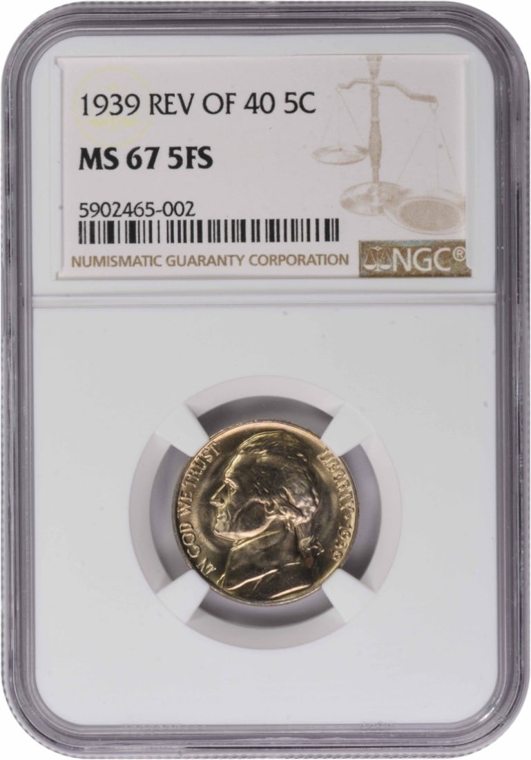 NGC 1939 Jefferson Nickel Reverse of 1940 MS67 5FS: NGC 1939 Jefferson Nickel Reverse of 1940 MS67 5FS Experience the rare beauty of the 1939 Jefferson Nickel Reverse, certified MS67 by NGC and graded 5FS for its exceptional condition. With only 120,62