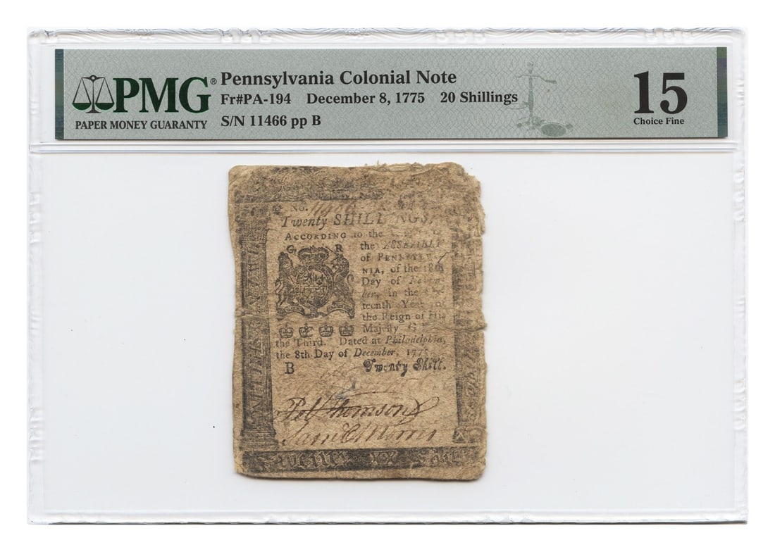 Pennsylvania Colonial Note (PMG Choice Fine), 20 Shillings, Dec. 8, 1775: Pennsylvania Colonial Note (PMG Choice Fine), 20 Shillings, Dec. 8, 1775 A rare gem from the early days of American independence, this 20 Shillings note from Pennsylvania is a stunning example of colo