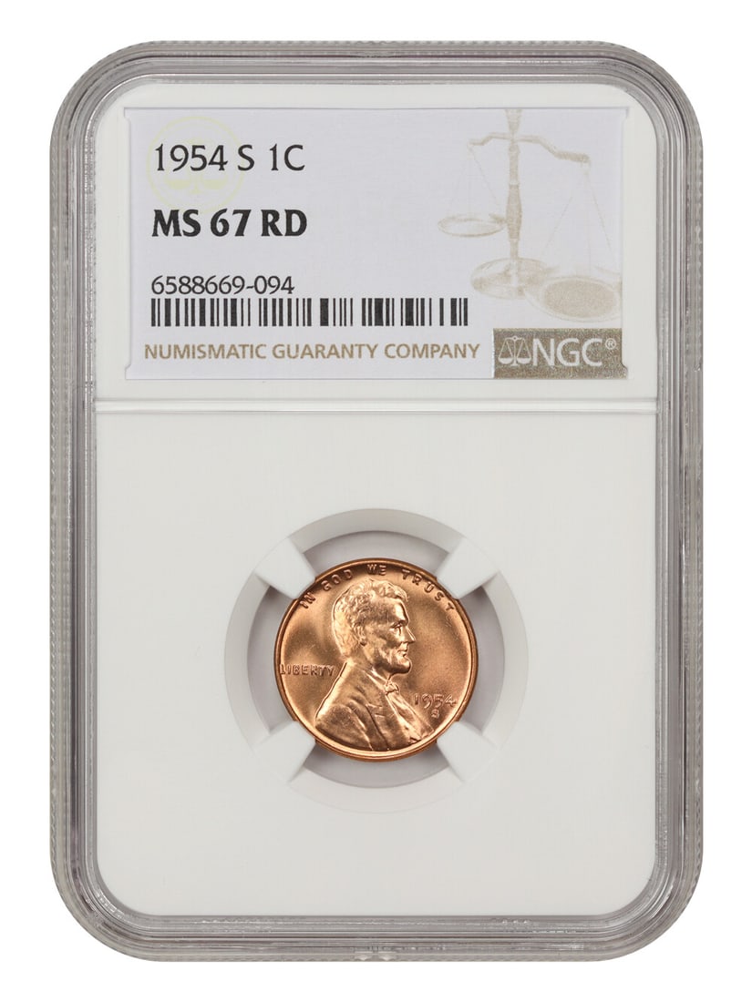 RD 1954-S 1c NGC MS67: RD 1954-S 1c NGC MS67 A stunning example of early American currency, the 1954-S Lincoln Cent is certified MS67 by NGC, showcasing exceptional detail and luster. Struck in San Francisco, this uncircula