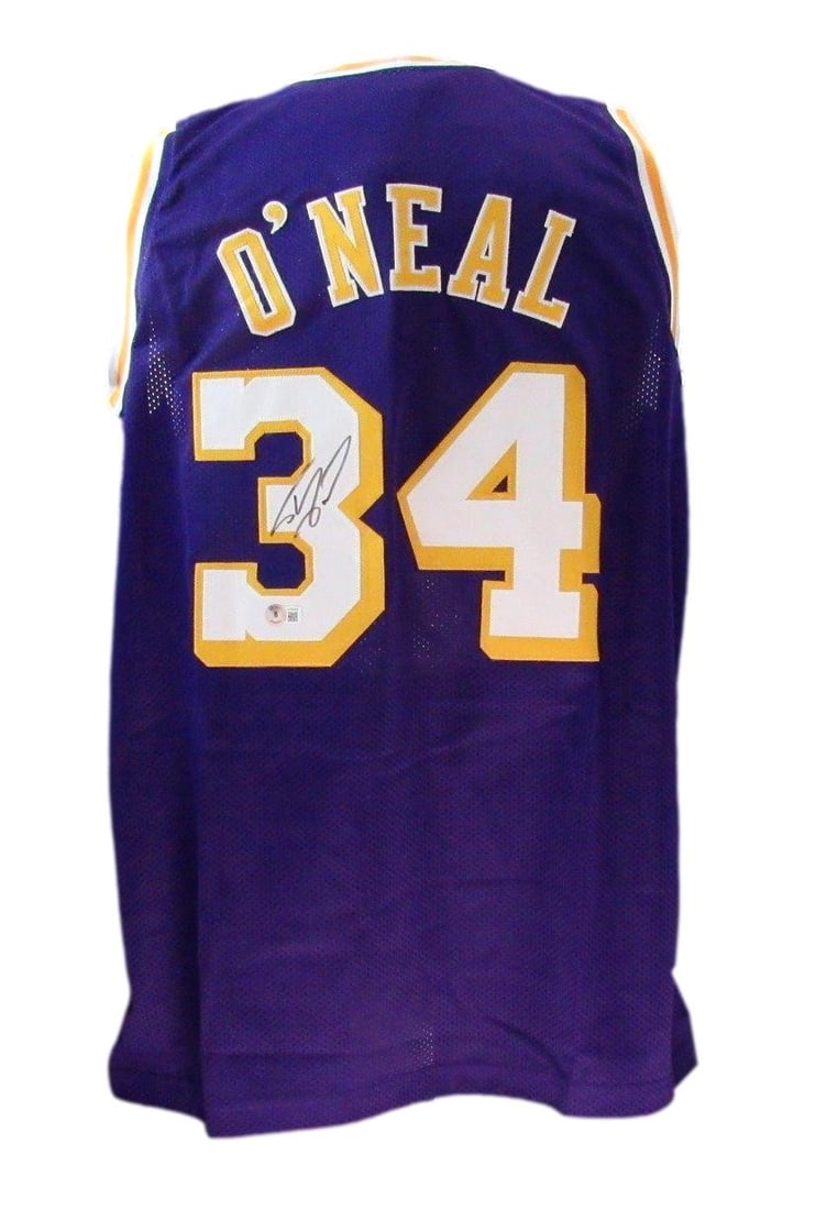 186800 Shaquille O'Neal HOF Autographed Purple Custom Jersey Lakers Beckett: 186800 Shaquille O'Neal HOF Autographed Purple Custom Jersey Lakers Beckett Own a piece of basketball history with this incredible Shaquille O'Neal autographed purple custom jersey, authenticated by B