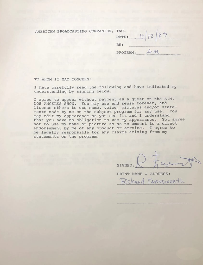 (JSA) Richard Farnsworth Autographed Contract: (JSA) Richard Farnsworth Autographed Contract A rare and unique piece of Hollywood history, this JSA authenticated contract is signed by the legendary Richard Farnsworth, known for his iconic roles in