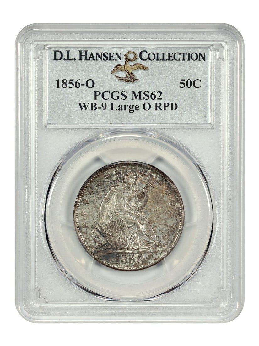 1856-O 50C MS62 PCGS (Large O RPD, FS-301), Ex-D.L. Hansen: 1856-O 50C MS62 PCGS (Large O RPD, FS-301), Ex-D.L. Hansen Experience the beauty of the 1856-O Half Dollar, one of the rarest and most sought-after coins in American numismatics. This stunning MS62 sp