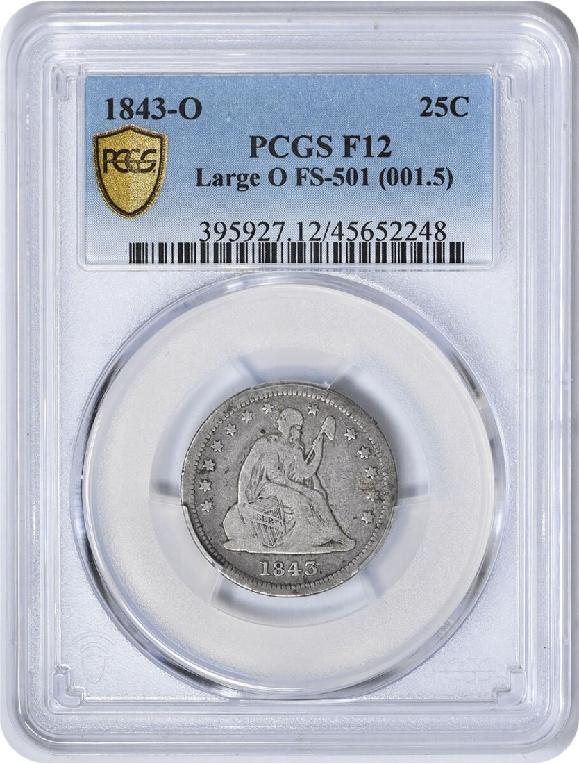 1843-O Liberty Seated Silver Quarter (FS-501) F12 PCGS: 1843-O Liberty Seated Silver Quarter (FS-501) F12 PCGS Experience the rich history of the United States with this 1843-O Liberty Seated Silver Quarter, graded F12 by PCGS and certified circulated. Wit