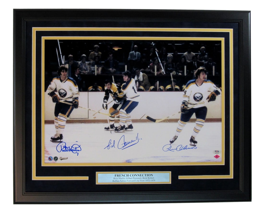 PSA French Connection Sabres Martin/ Perreault/ Robert Signed 16x20 Photo Framed: PSA French Connection Sabres Martin/ Perreault/ Robert Signed 16x20 Photo Framed Get ready to relive the excitement of Buffalo Sabres hockey with this incredible 16x20 photo featuring the legendary Ma