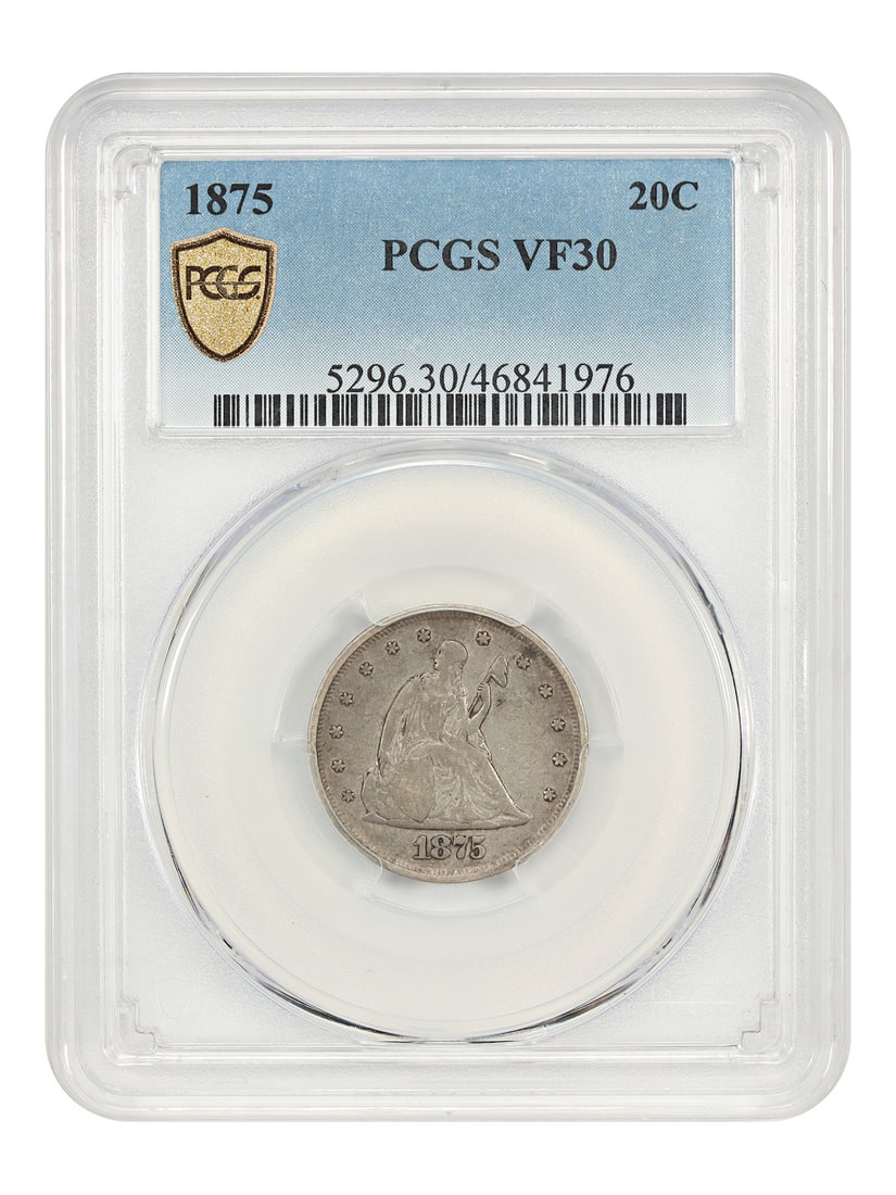 Twenty Cent - 1875 20C PCGS VF30: Twenty Cent - 1875 20C PCGS VF30 A rare and highly sought-after 1875 Twenty Cent coin, graded PCGS VF30, boasts the iconic Philadelphia Mint mark and is certified for authenticity by one of the most r