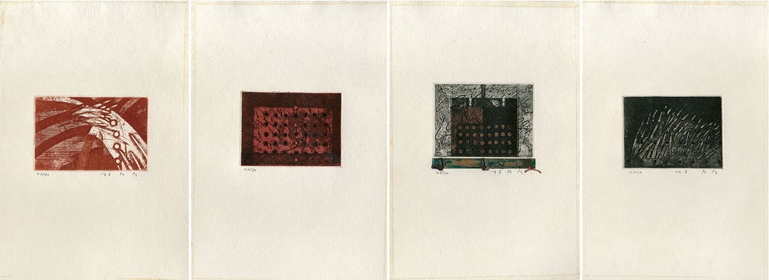 1989 Takahiko Hayashi Japan Collection of Copperplate Prints "From the Door": 1989 Takahiko Hayashi Japan Collection of Copperplate Prints "From the Door" Experience the elegance of traditional Japanese art with this stunning 1989 copperplate print by Takahiko Hayashi, titled "