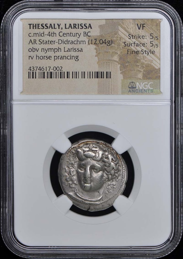 LARISSA AR Stater-Didrachm NGC VF20 - c.mid-4th Century BC THESSALY: LARISSA AR Stater-Didrachm NGC VF20 - c.mid-4th Century BC THESSALY Experience the rich history of ancient Greece with this stunning LARISSA AR Stater-Didrachm, certified by NGC and graded VF20. Datin