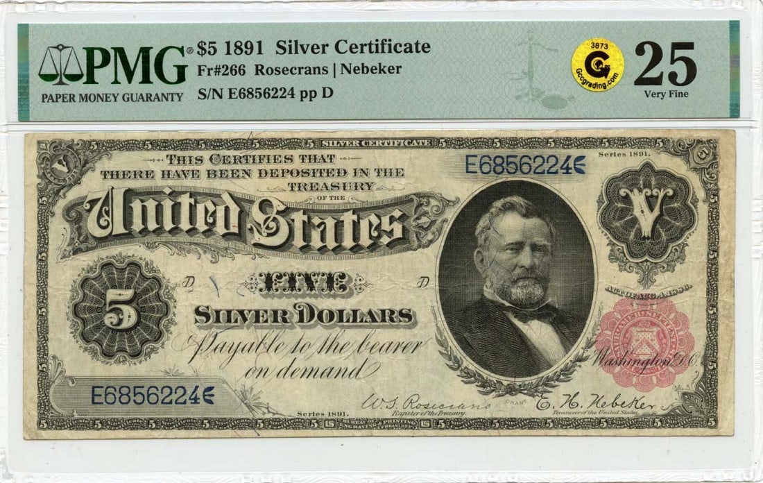 Gold 1891 $5 Silver Certificate Fr# 266 PMG VF25 GCC: Gold 1891 $5 Silver Certificate Fr# 266 PMG VF25 GCC Experience the charm of the late 19th century with this rare and highly graded 1891 $5 Silver Certificate, certified by PMG as VF25. As one of the